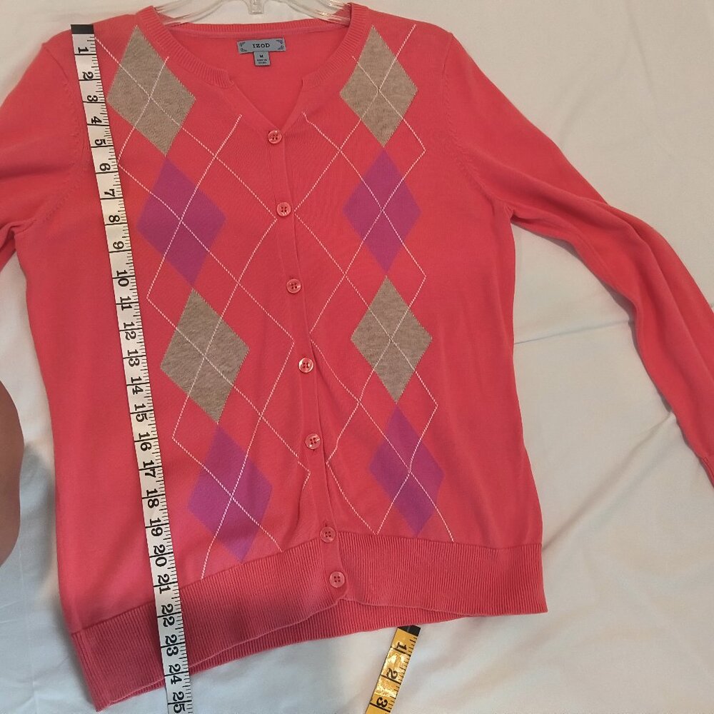 Izod  Long Sleeve  Button Down Pink Sweater  Diamond Pattern  100% Cotton Size M - Picture 5 of 7